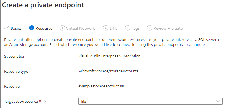 Screenshot showing how to select which resource you would like to connect to using the new private endpoint.