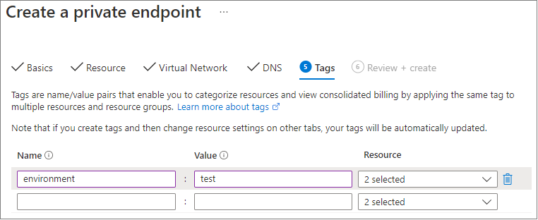 Screenshot showing how to optionally tag your private endpoint with name/value pairs for easy categorization.
