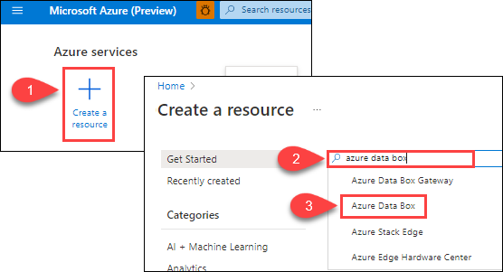 Illustration showing the Plus Create A Resource button, and the text box for selecting the service to create the resource in. Azure Data Box is highlighted.