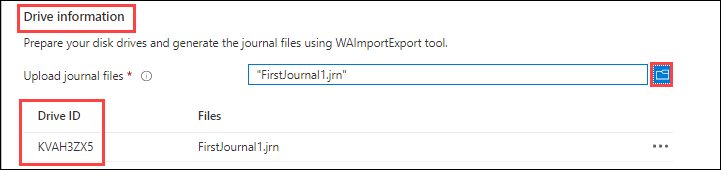 Screenshot showing Drive Information on the Job Details tab for an Azure Import Export job. The Copy button and the Drive ID for an uploaded journal file are highlighted.