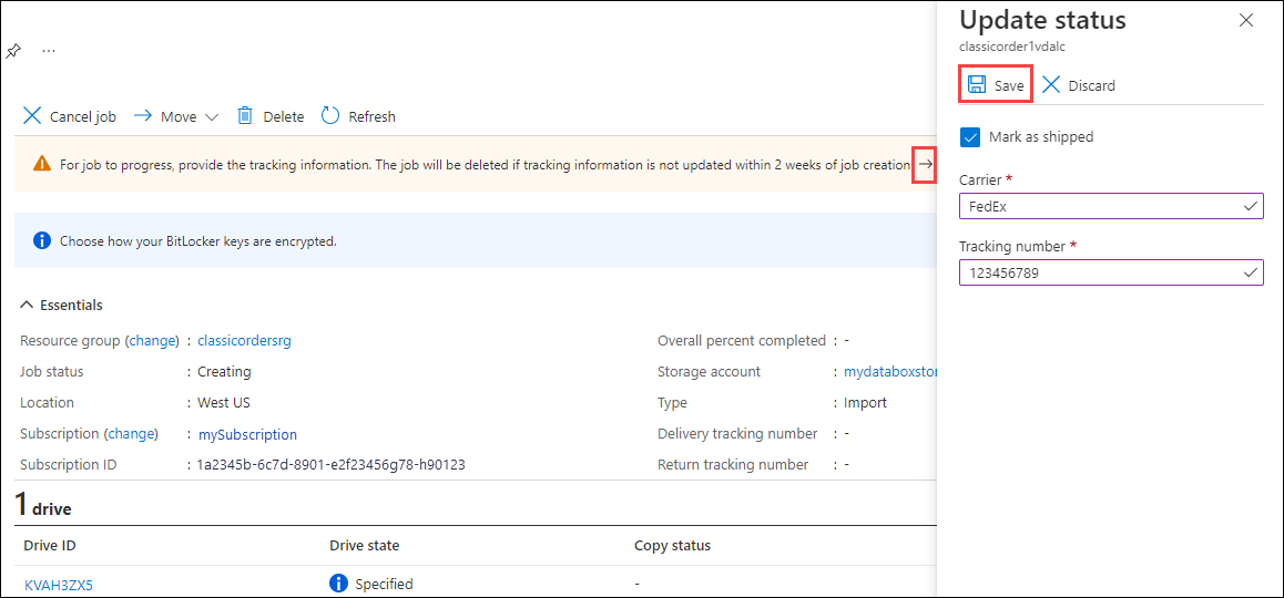 !Screenshot of tracking information on the Overview pane for an Azure Import Export job as it appears in the Classic portal. Current job status, Tracking Information area, and Update button are highlighted.
