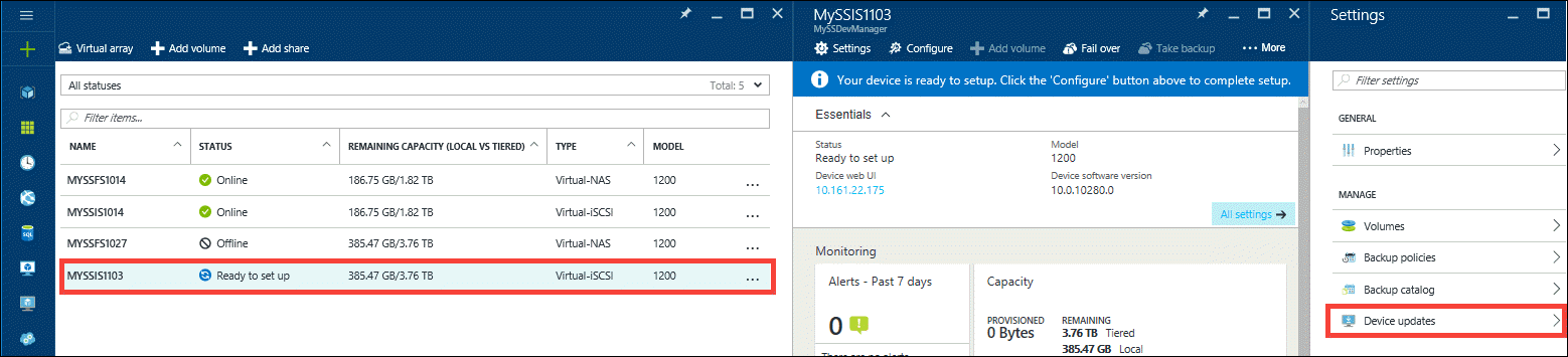 Information for MYSSIS1103 is shown. In Settings, Device updates is highlighted.