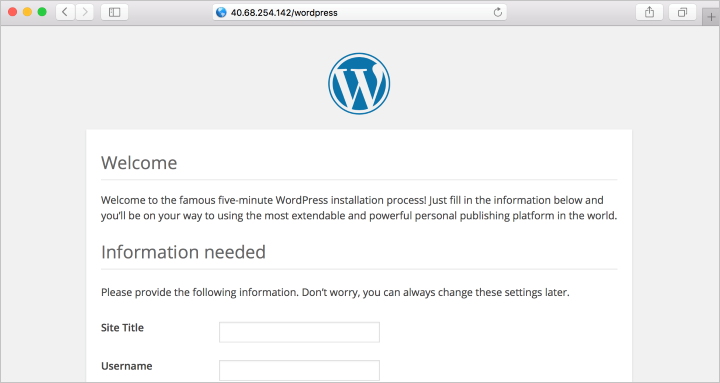 WordPress installation page