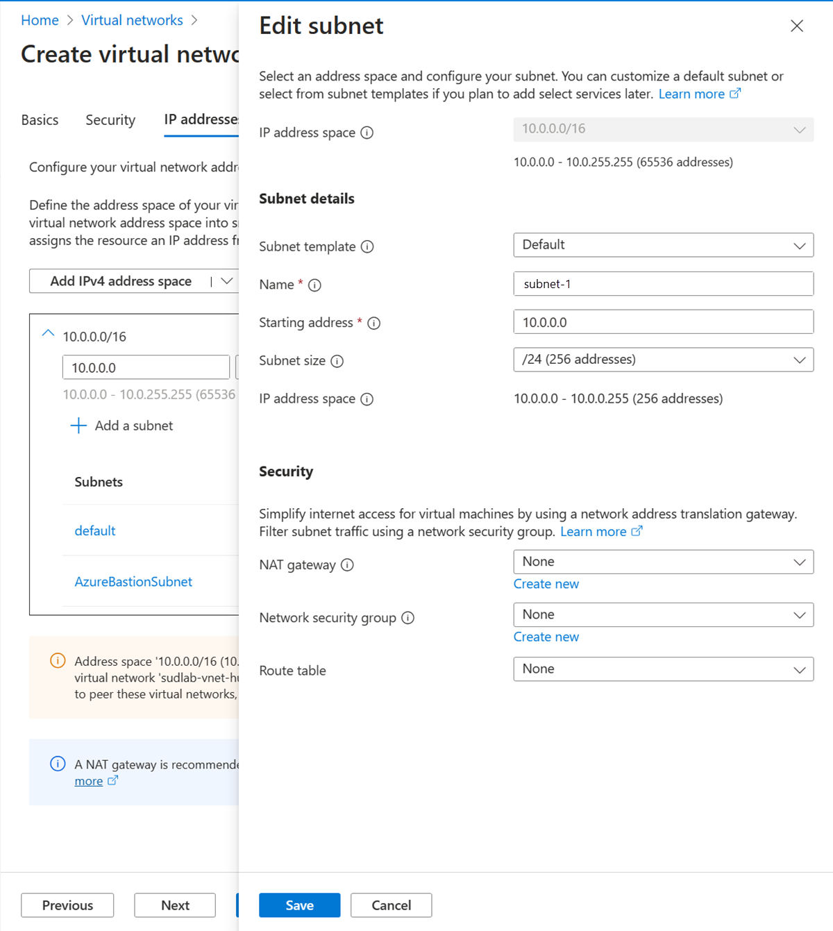 Screenshot of IP address space and subnet creation in Create virtual network in the Azure portal