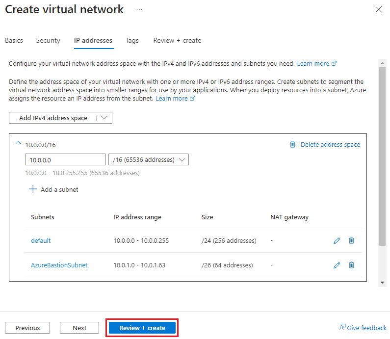Screenshot of the completed IP Addresses tab of the Create virtual network screen.