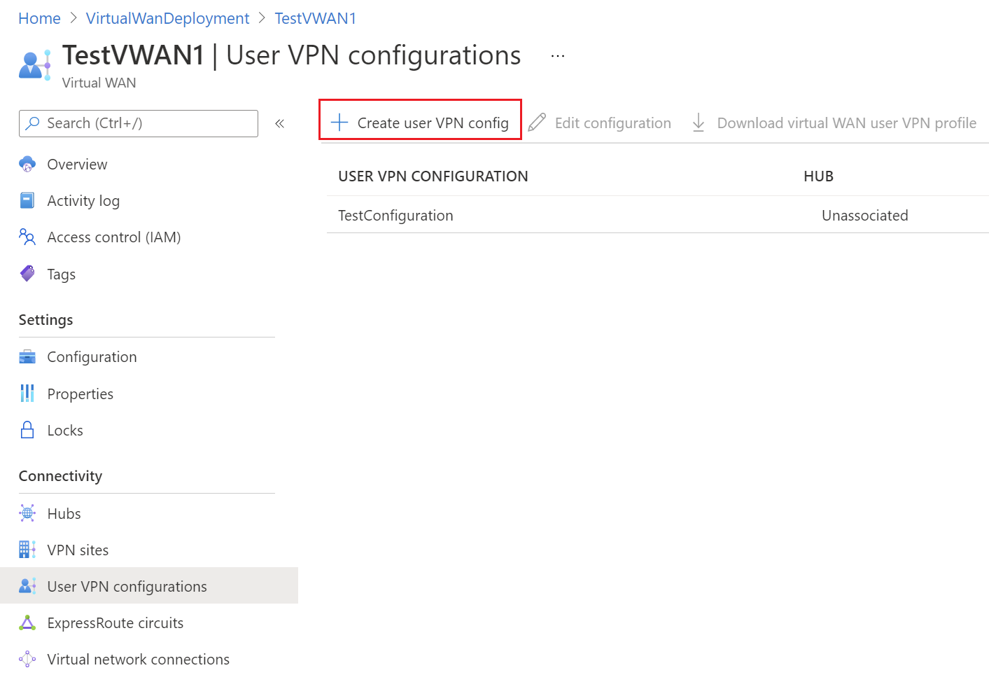 Screenshot of user VPN configurations page.