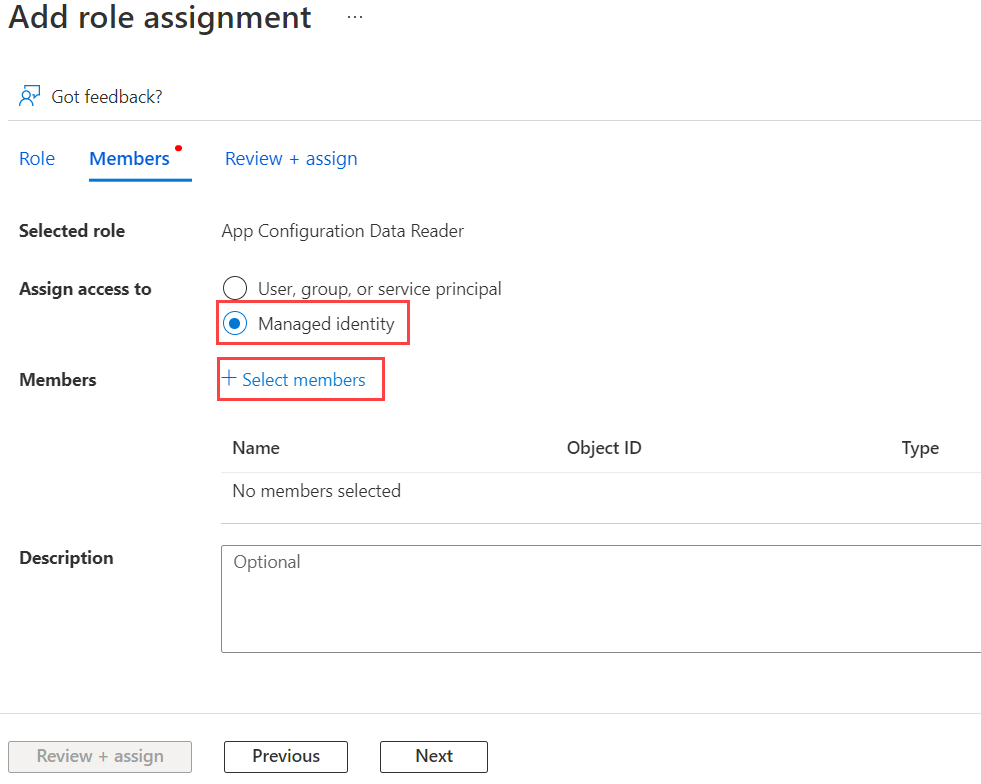 Screenshot that shows the Add role assignment page with Members tab selected.