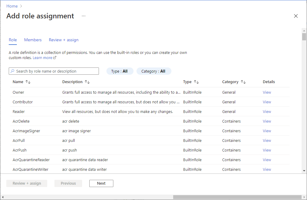 Screenshot showing Add role assignment page with Role tab selected.