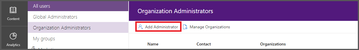 User Management - Add Organization - Add Administrator Button