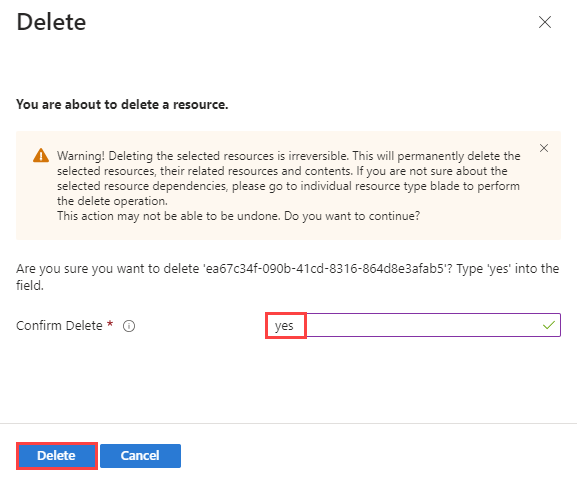 Screenshot shows the confirmation page to delete a peering connection in the Azure portal.