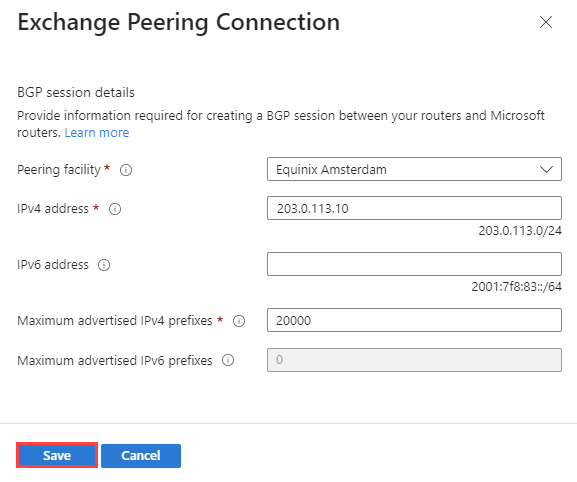 Screenshot shows the edit peering connection page in the Azure portal.