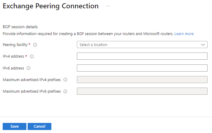 Screenshot shows the exchange peering connection page in the Azure portal.