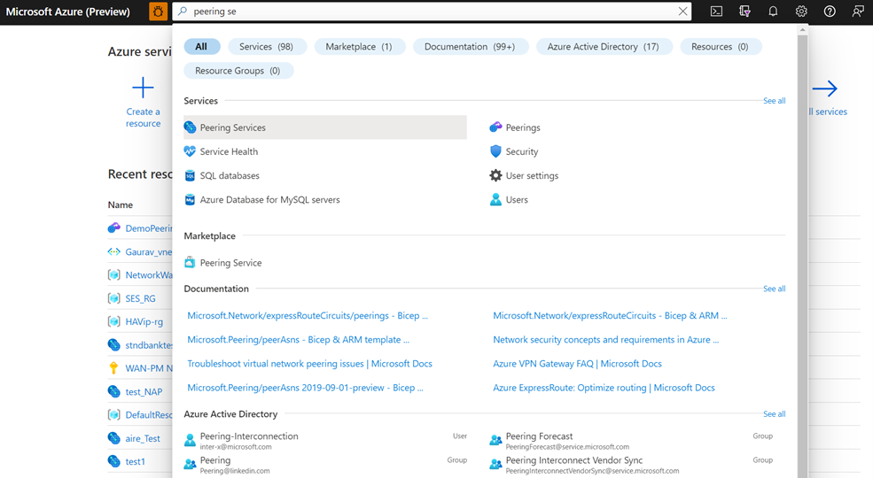 Screenshot on searching for Peering Service on Azure portal.