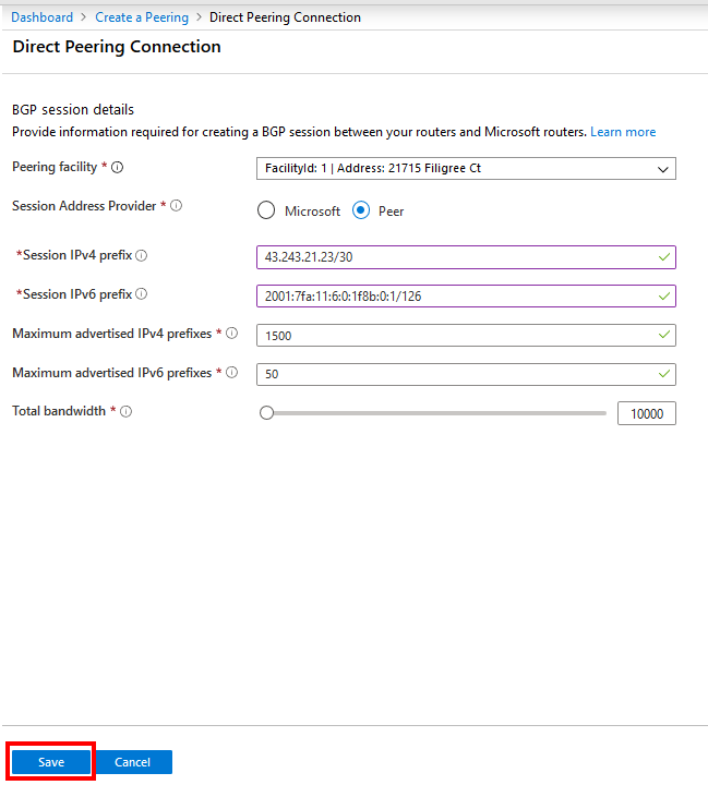 Direct Peering Connection page