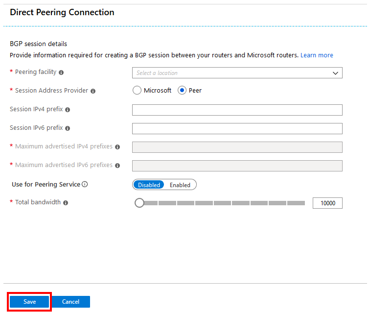 Direct Peering Connection form