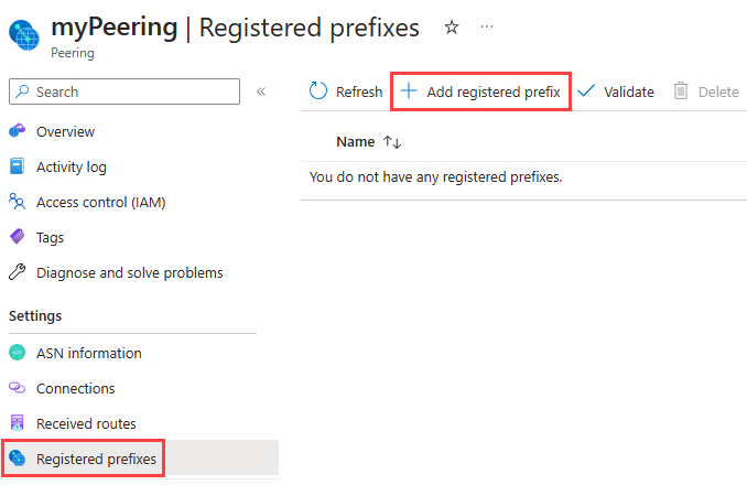 Screenshot of Registered prefix page in the Azure portal.