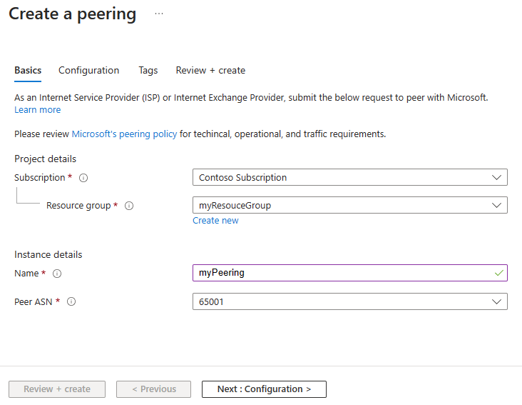 Screenshot of the Basics tab of creating a peering in the Azure portal.