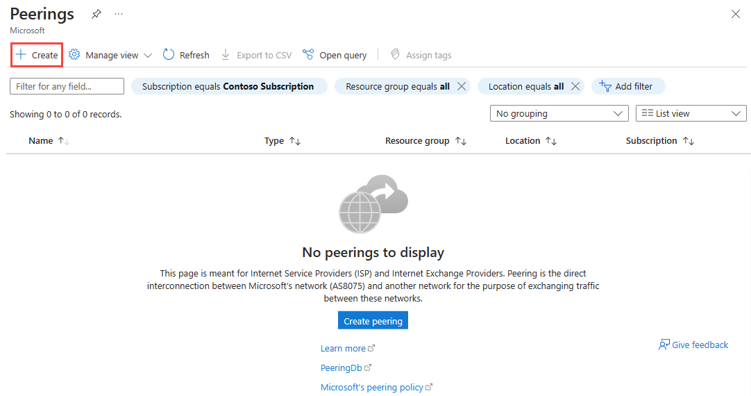 Screenshot shows how to create a Peering resource in the Azure portal.