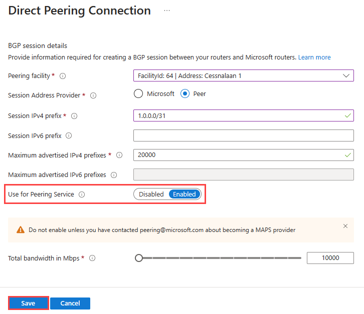 Screenshot of creating a direct peering connection.