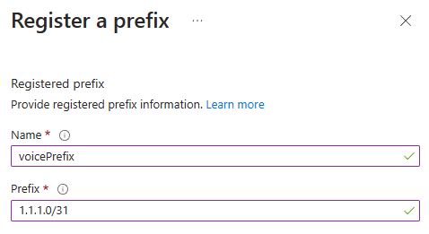Screenshot of registering a prefix in the Azure portal.