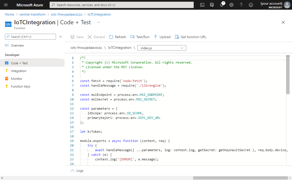 Screenshot of an Azure Functions definition showing the code.