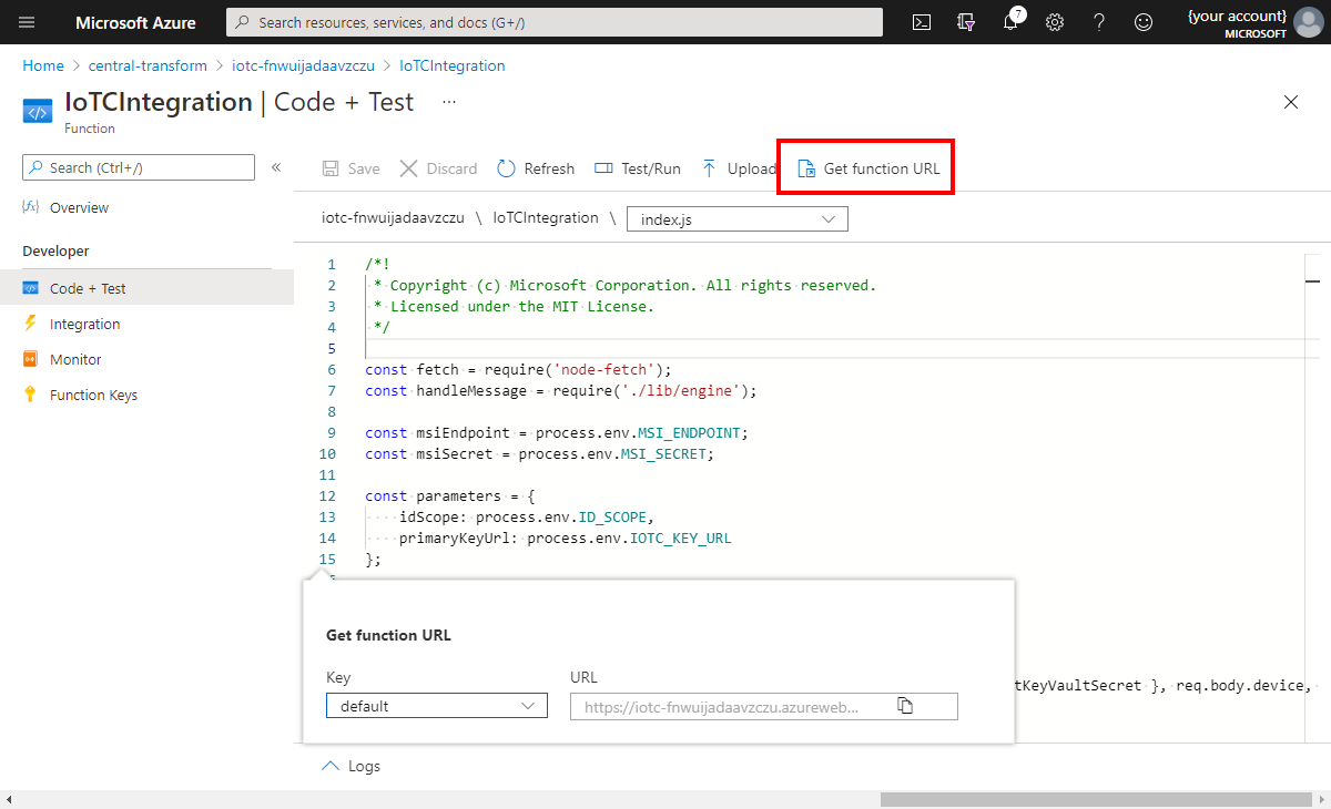 Screenshot that shows the get function URL in Azure Functions.