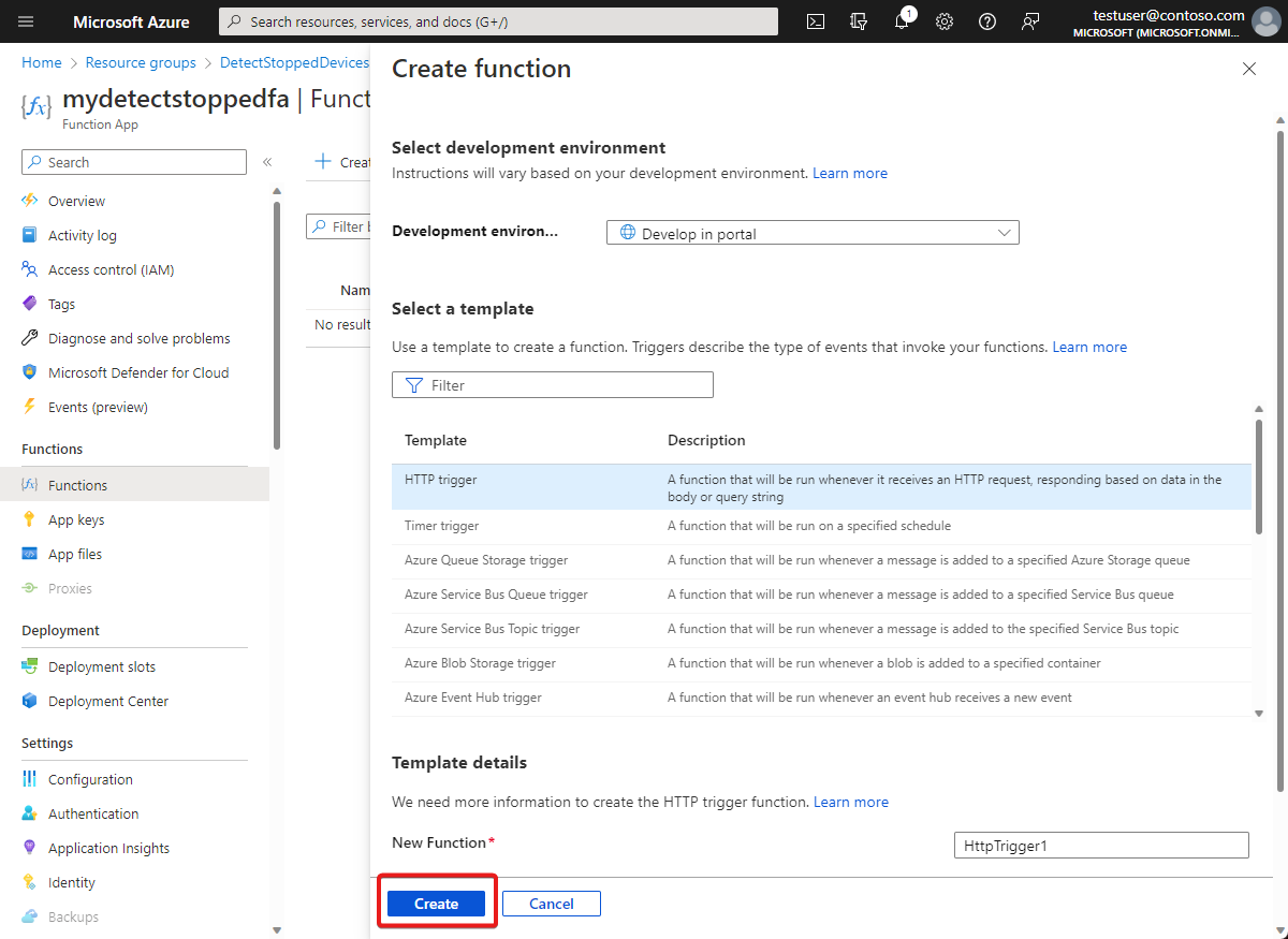 Screenshot of the Azure portal that shows how to create an HTTP trigger function.