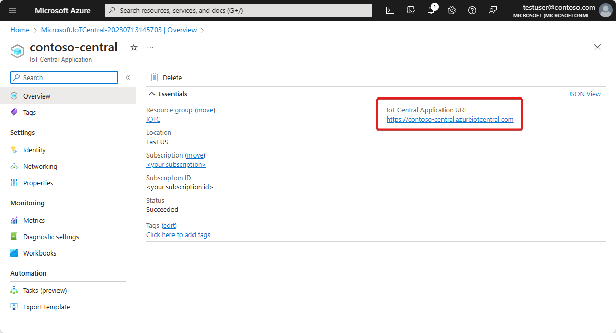Screenshot that shows the IoT Central application resource in the Azure portal. The application URL is highlighted.