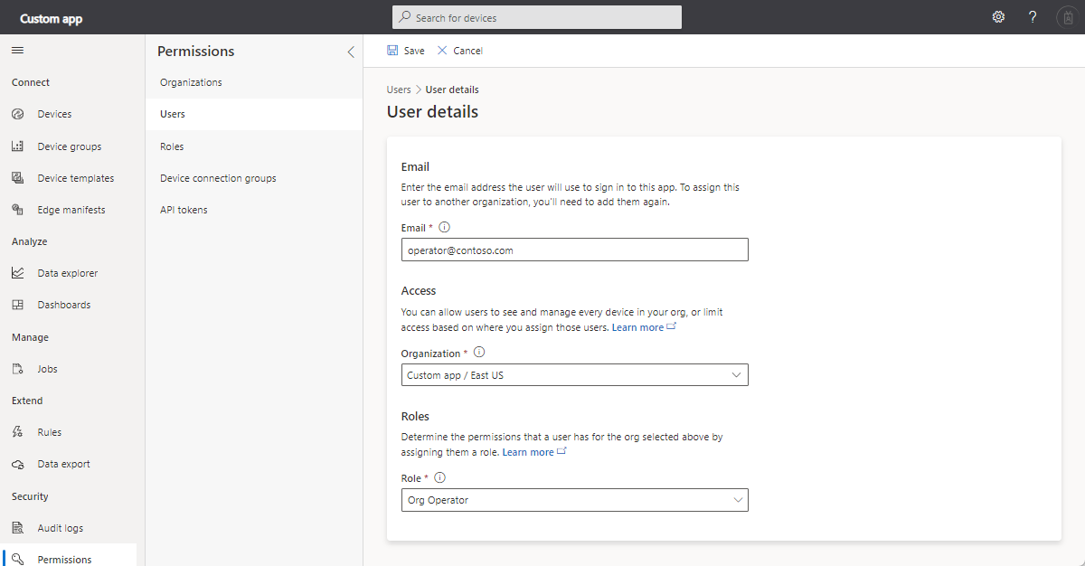 Screenshot that shows how to assign a user to an organization and role.