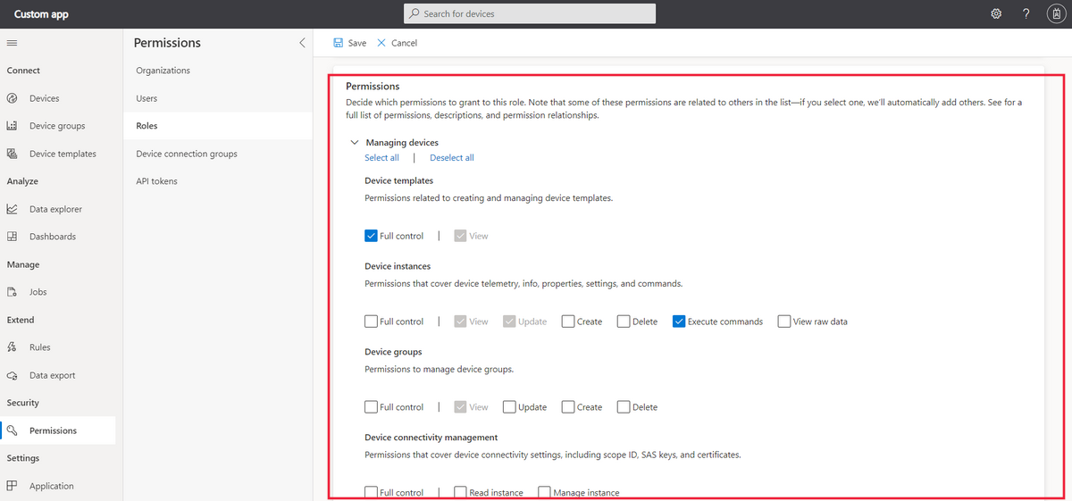 Screenshot that shows how to select custom permissions for an organizational role.