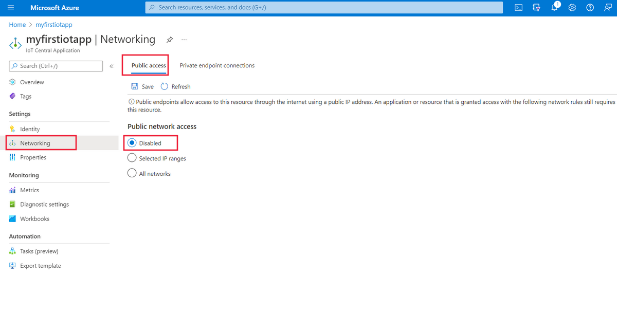 Screenshot from the Azure portal that shows how to disable public access.