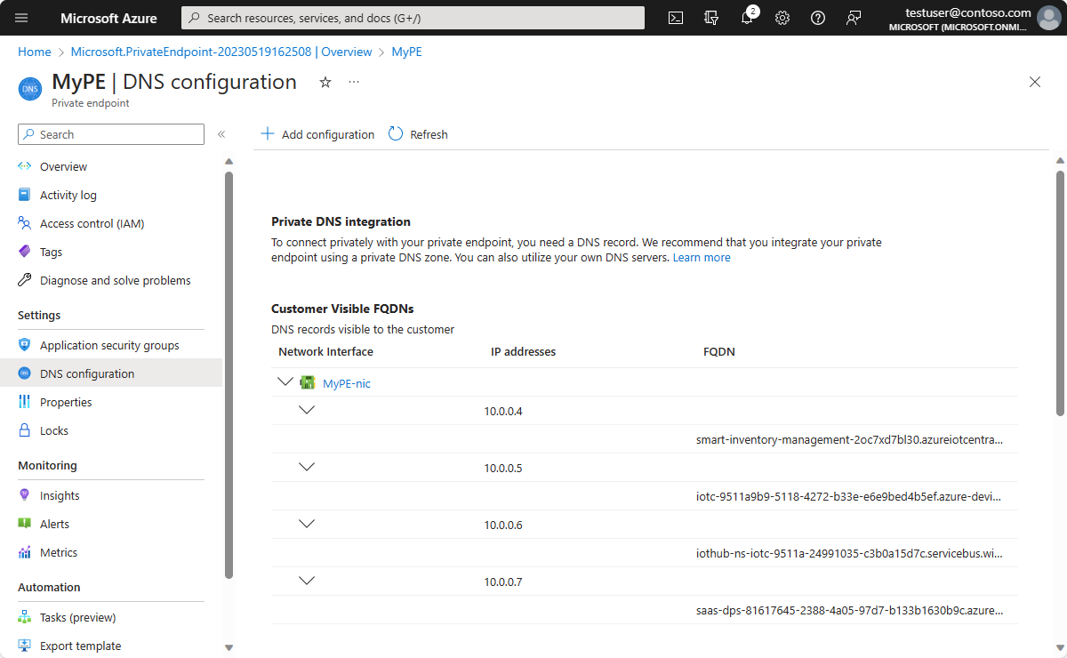Screenshot from the Azure portal that shows the private DNS configuration.