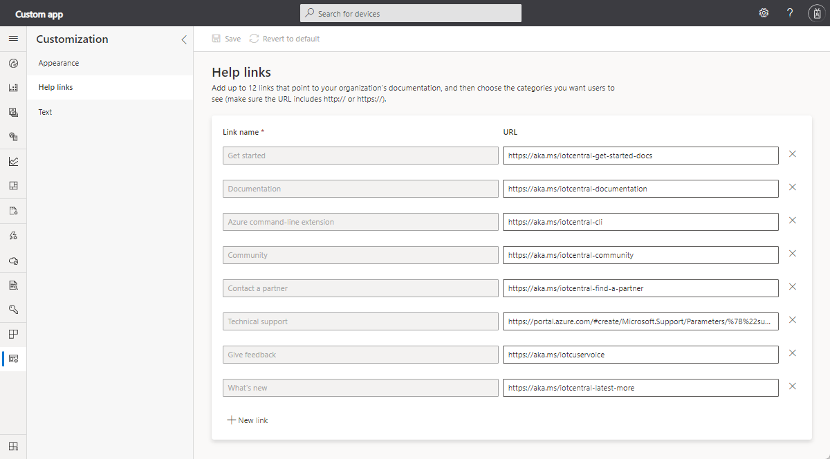 Screenshot that shows how to customize the help links.