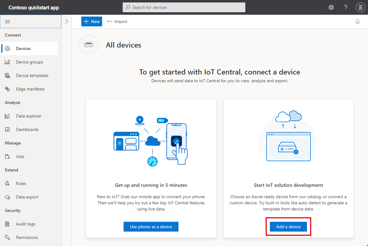 Screenshot that shows create a device in IoT Central.