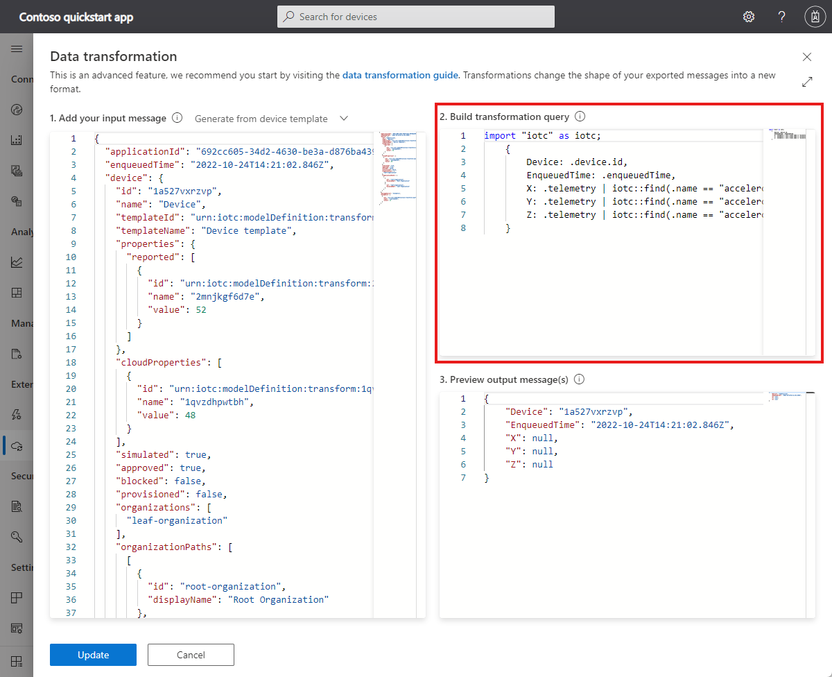 Screenshot that shows the data transformation query for the export.