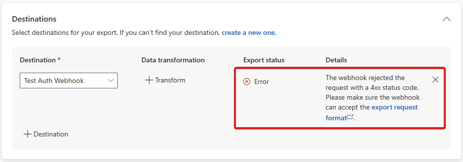Screenshot that shows an example export error.