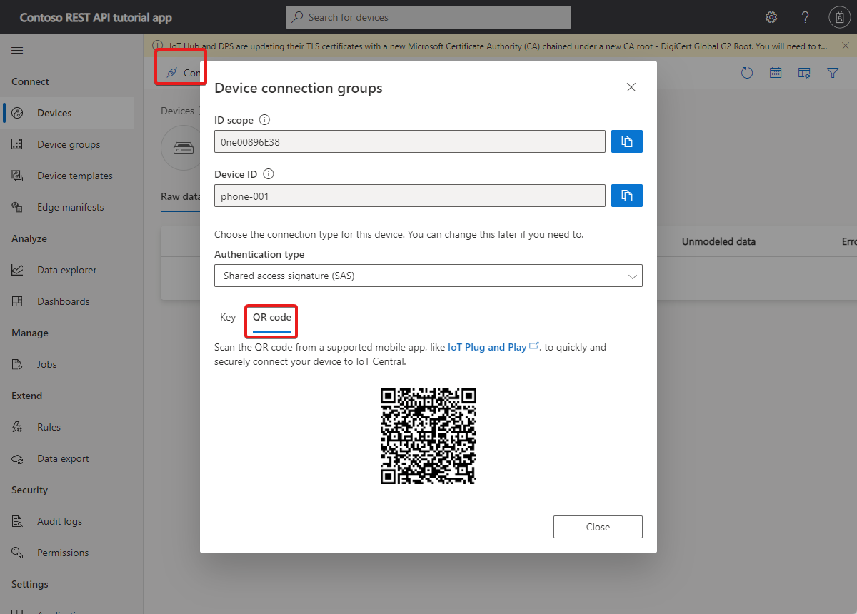 Screenshot that shows the QR code you use to connect the device.