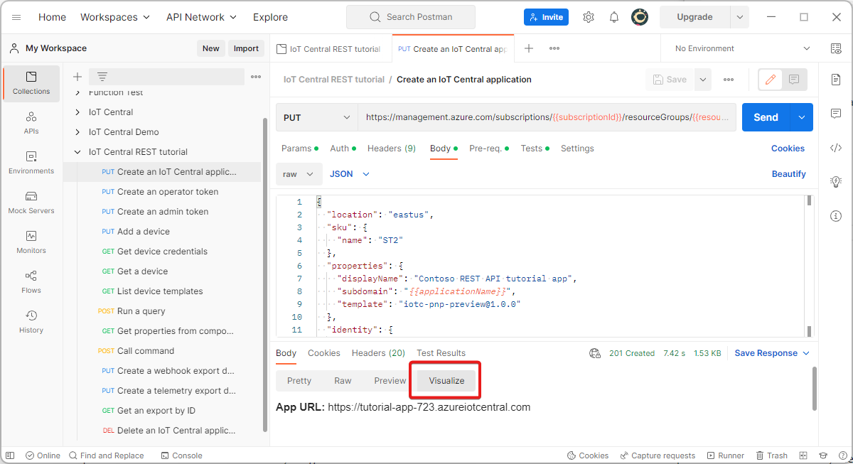 Screenshot that shows the Visualize tab with the application URL in Postman.