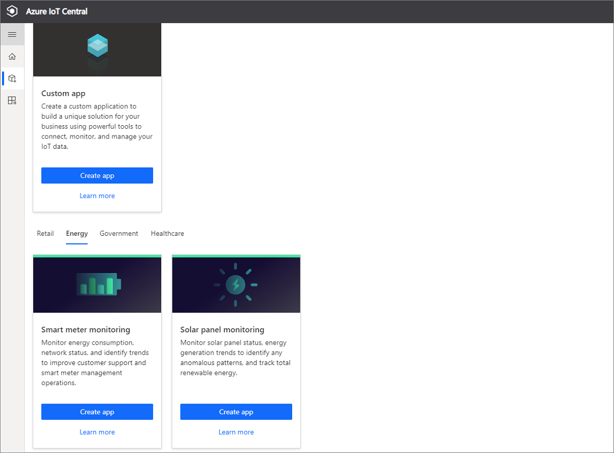 Screenshot showing the Azure IoT Central build site with the energy app templates.