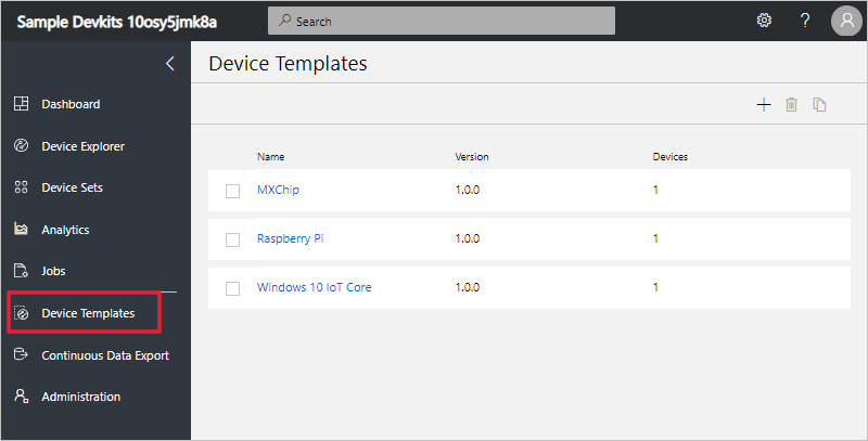 Screenshot of Device templates page where you can manage device templates.