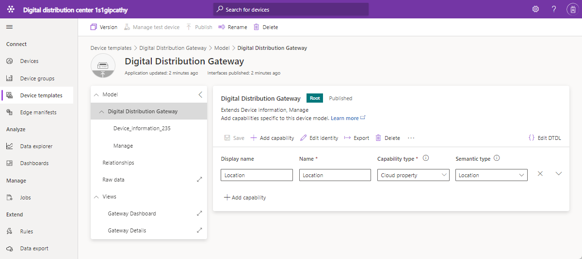 Screenshot showing the digital distribution gateway device template.