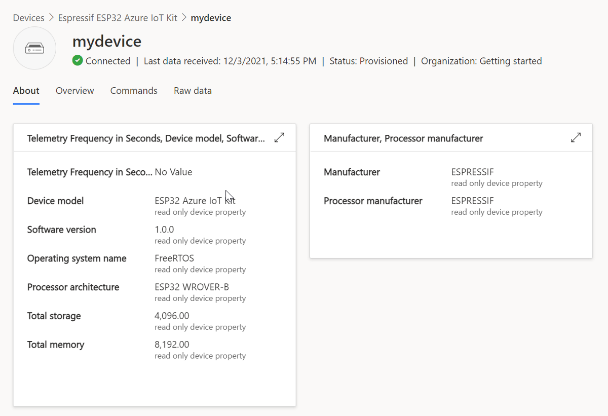 Screenshot of device information in IoT Central.