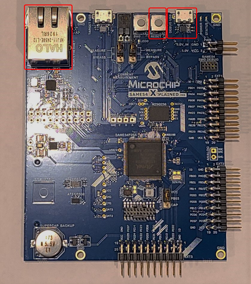 Locate key components on the Microchip E54 evaluation kit board