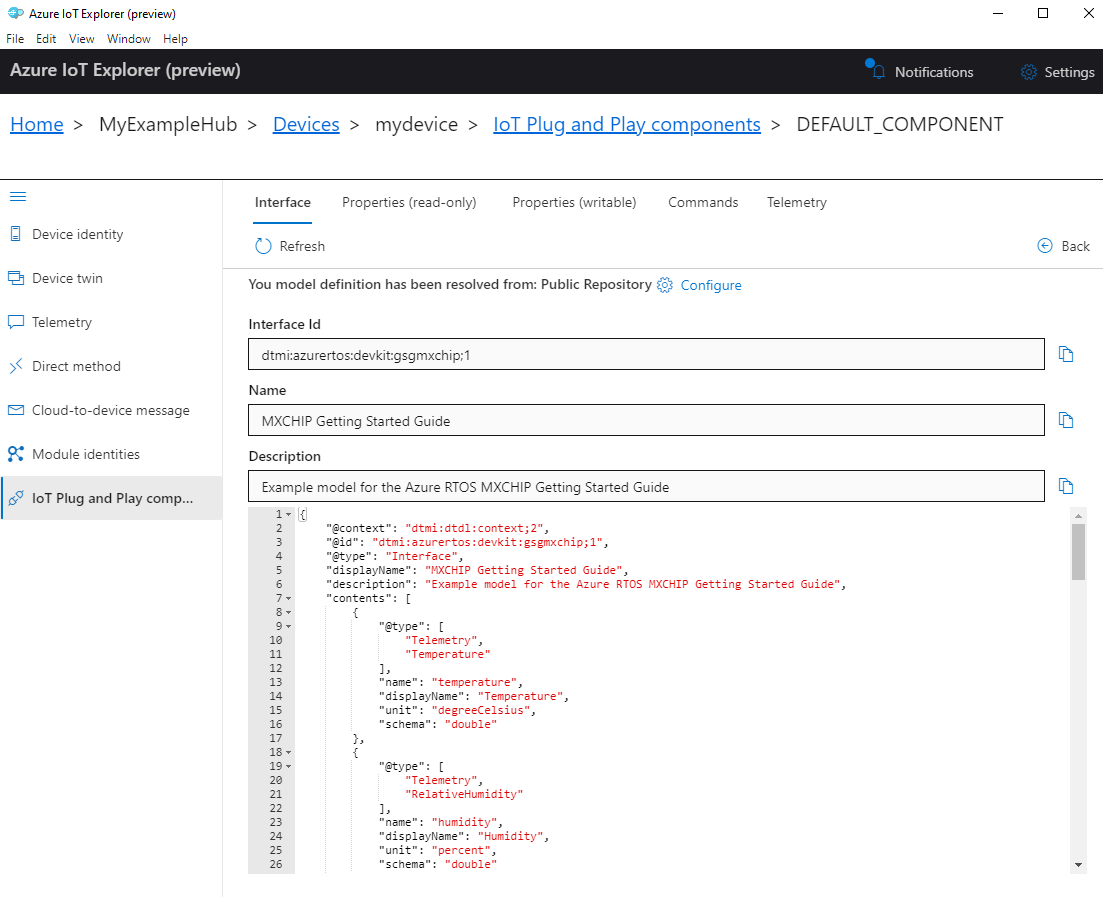 Screenshot of MXCHIP DevKit default component in IoT Explorer