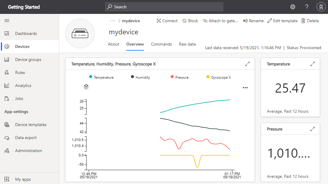 Screenshot of device telemetry in IoT Central