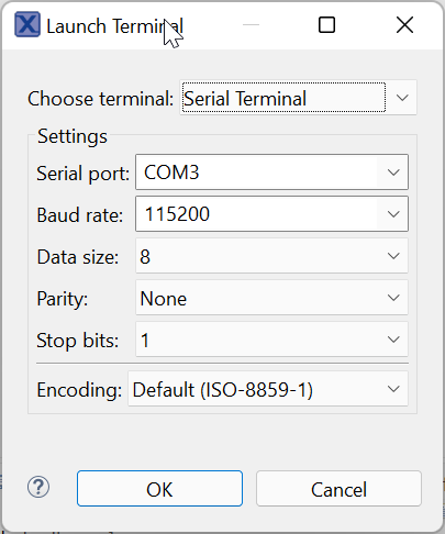 Screenshot of configuring a serial terminal.