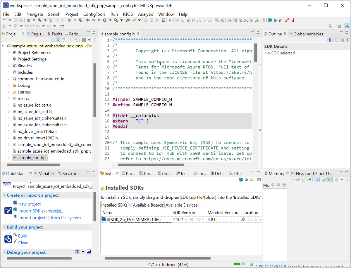 Screenshot showing a loaded project in MCUXpresso.