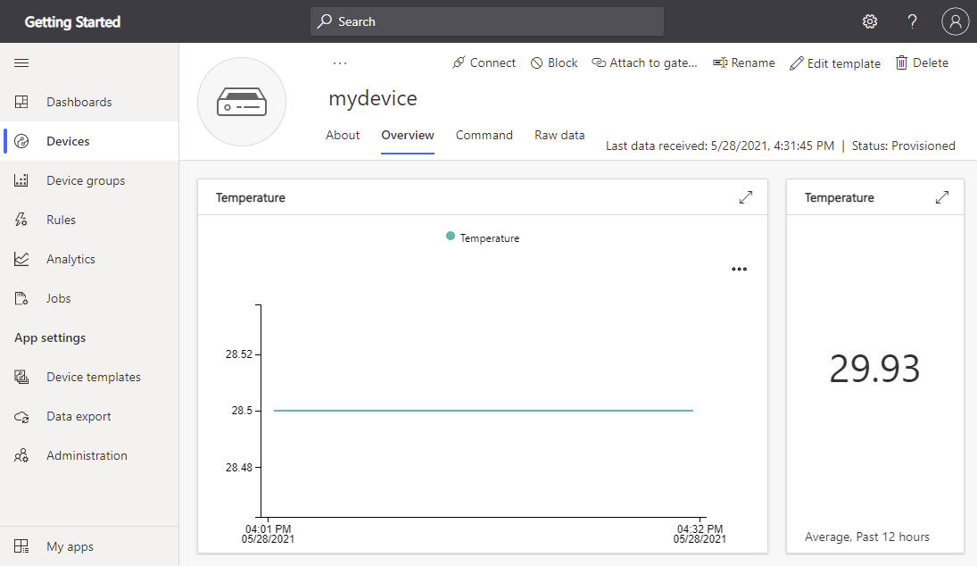 Screenshot of device telemetry in IoT Central