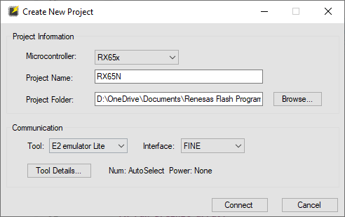 Screenshot of Renesas Flash Programmer, New Project