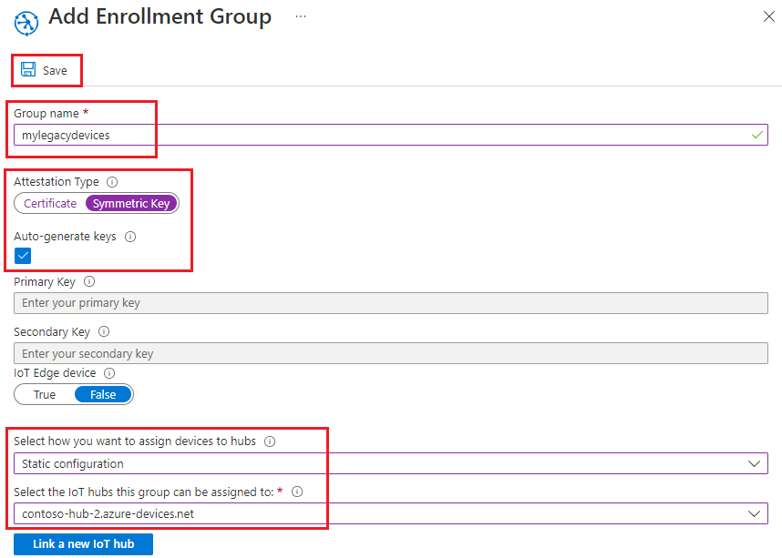 Screenshot that shows adding a symmetric key enrollment group to DPS.
